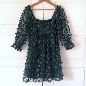 Thirty Thirty LA Y2K Babydoll Dress S Green Emerald 3D Butterflies Whimsy Fairy